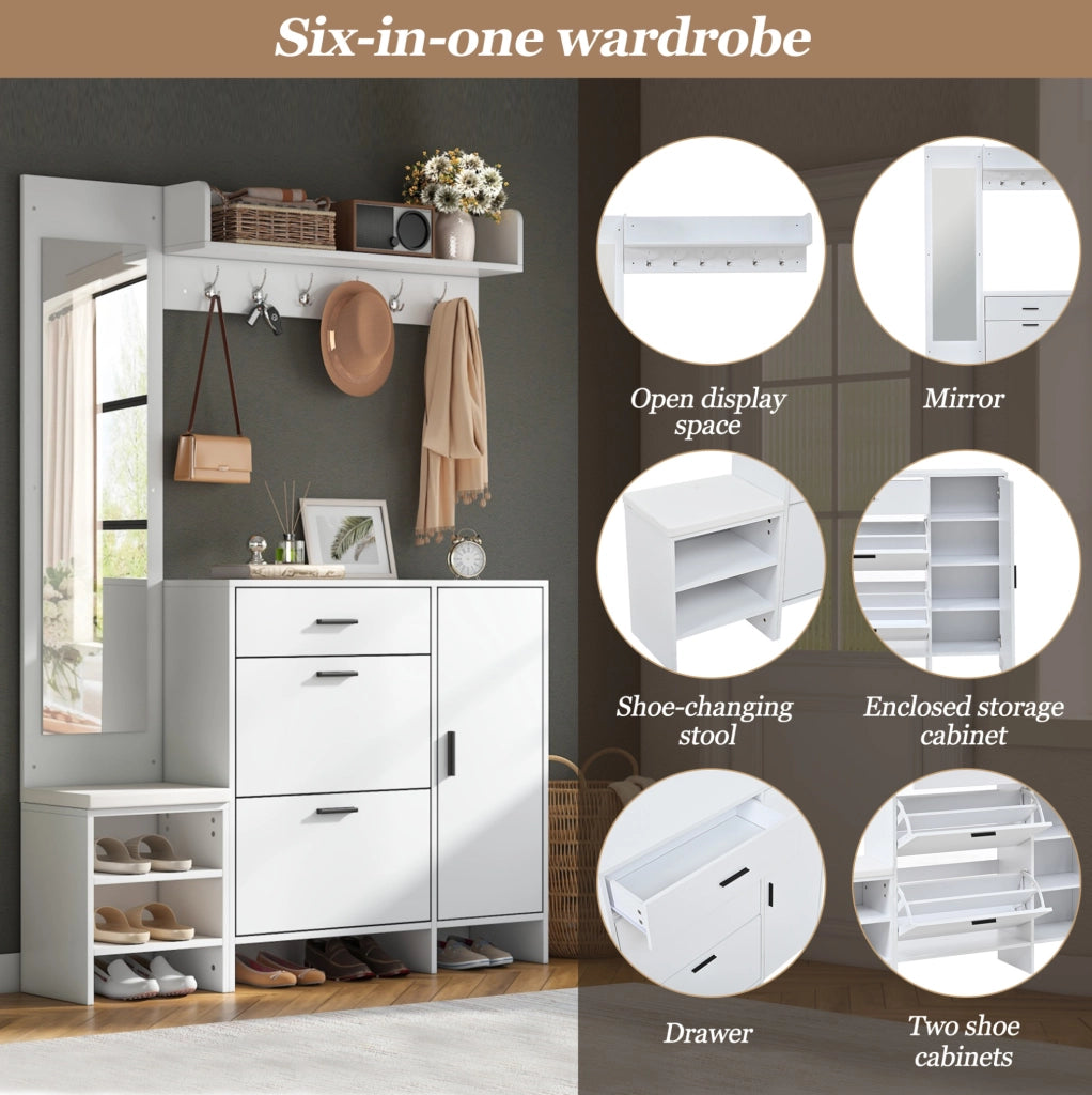 Appendiabiti multifunzione bianco con specchio, panca per cambio scarpe e armadietto 140x30x200 cm per ingresso