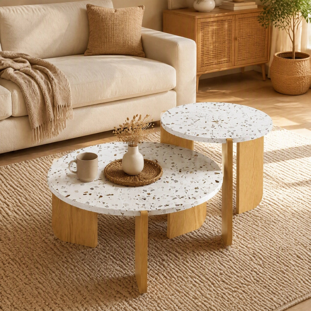 Tavolini bassi impilabili a nido in MDF, set da 2, con piano decorato e uso versatile per soggiorno e balcone