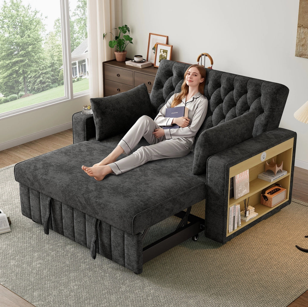 Divano letto multifunzionale 2 posti in tessuto chenille con schienale regolabile, porta bevande e porta USB, grigio
