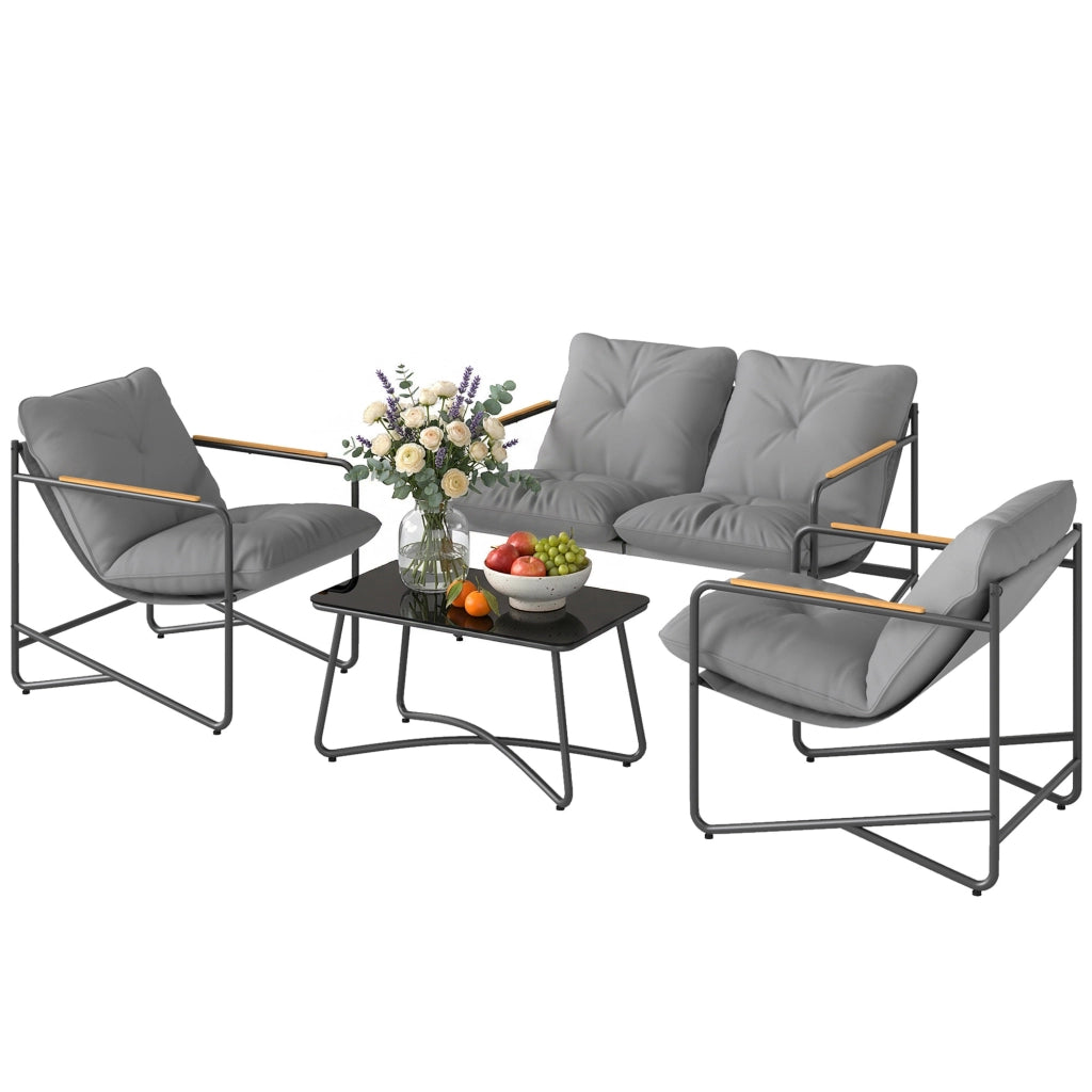 Set Salotto da Giardino 4 Pezzi con Divano 2 Posti, 2 Poltrone, Tavolino Vetro Temperato, Cuscini 13cm Grigio Chiaro, Robusto