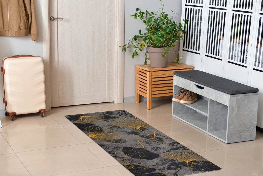 Tappeto Arredo Moderno Morbido in Ciniglia Ingresso Antiscivolo Prodotto Italiano  Soggiorno Camera Salotto Disegni Piazzati Cotone Varie Misure Grande Ginko/Antracite - 65x220 cm