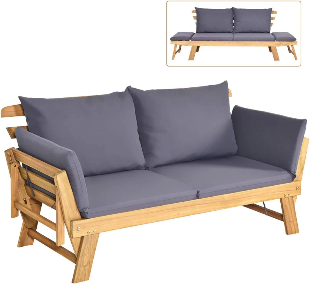 Divano Letto 2 Posti da Esterno in Legno di Acacia con Braccioli Regolabili, Sdraio da Giardino con Cuscini, Chaise longue Pieghevole per Giardino, Piscina, Cortile