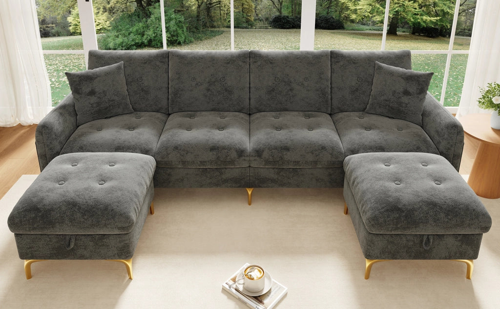 Divano modulare a U 4 posti con 2 pouf contenitori e 2 cuscini decorativi, dimensioni totali 263×137×85 cm, grigio