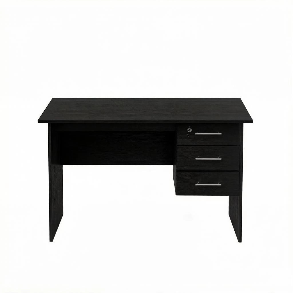 Scrivania dritta con 3 cassetti e serratura, piano ampio per studio e ufficio, in legno nero, 120 × 60 × 75 cm