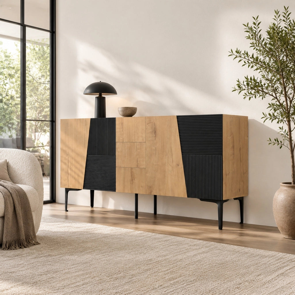 CREDENZA 4 ante e 3 cassetti 160x40x80 cm effetto legno naturale e nero