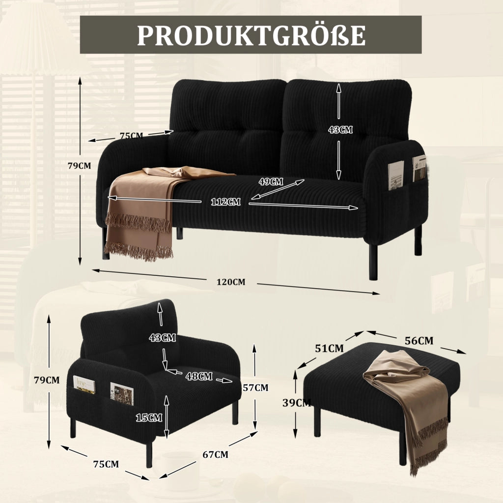 Set 3 pezzi con divano a 2 posti; poltrona e pouf in corduroy nero