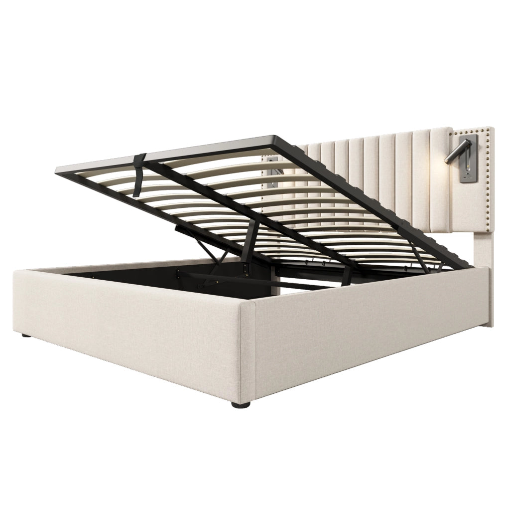 Letto matrimoniale imbottito beige 180x200 cm con contenitore, luce da lettura USB e struttura in cotone