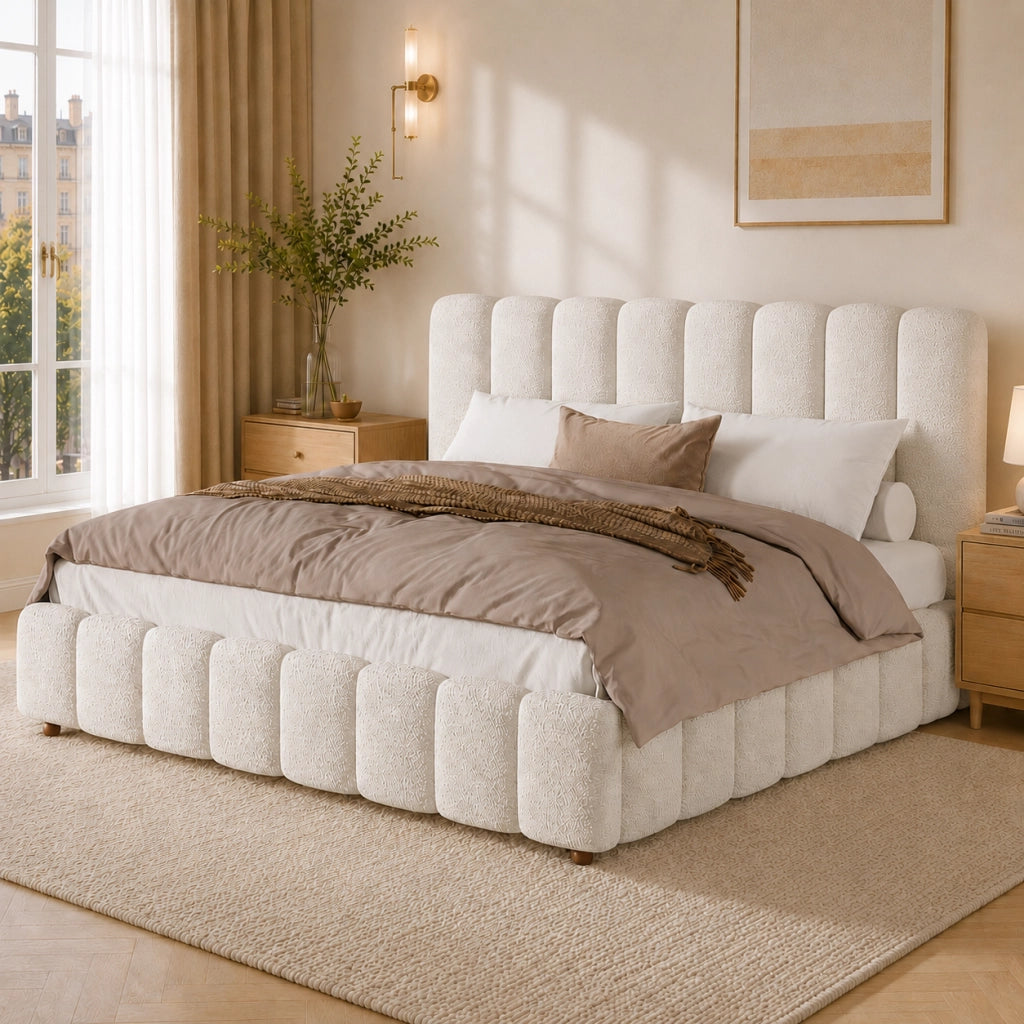 Letto matrimoniale imbottito 180 ¡Á 200 cm con rete a doghe testiera in boucl¨¦ bianco gambe in legno