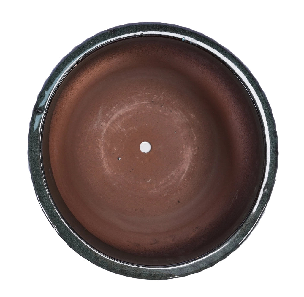 Set di 3 Vasi in Ceramica Artigianali Ø 38/30,5/23 cm, Verde Scuro Lucido con Righe Verticali, con Fori di Drenaggio per Giardino e Balcone