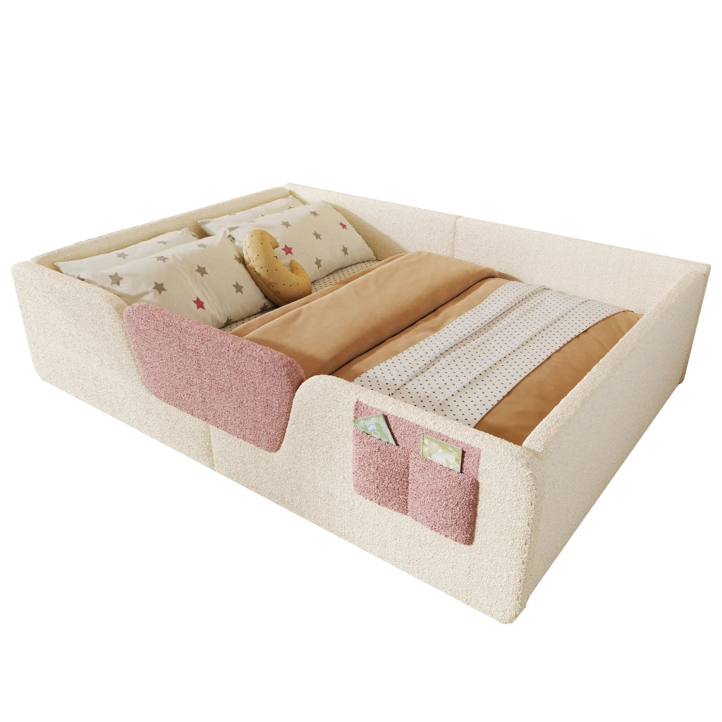 Letto a terra 140 x 190 cm con sponde di sicurezza rimovibili, letto matrimoniale con tasca in tessuto integrata, velluto beige, rete a doghe inclusa