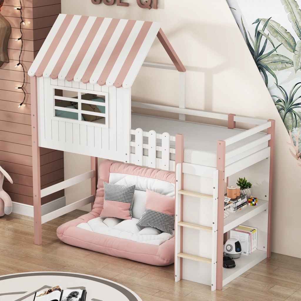 Letto a soppalco per bambini 90 × 200 cm con tetto scala di sicurezza rete a doghe in legno rosa