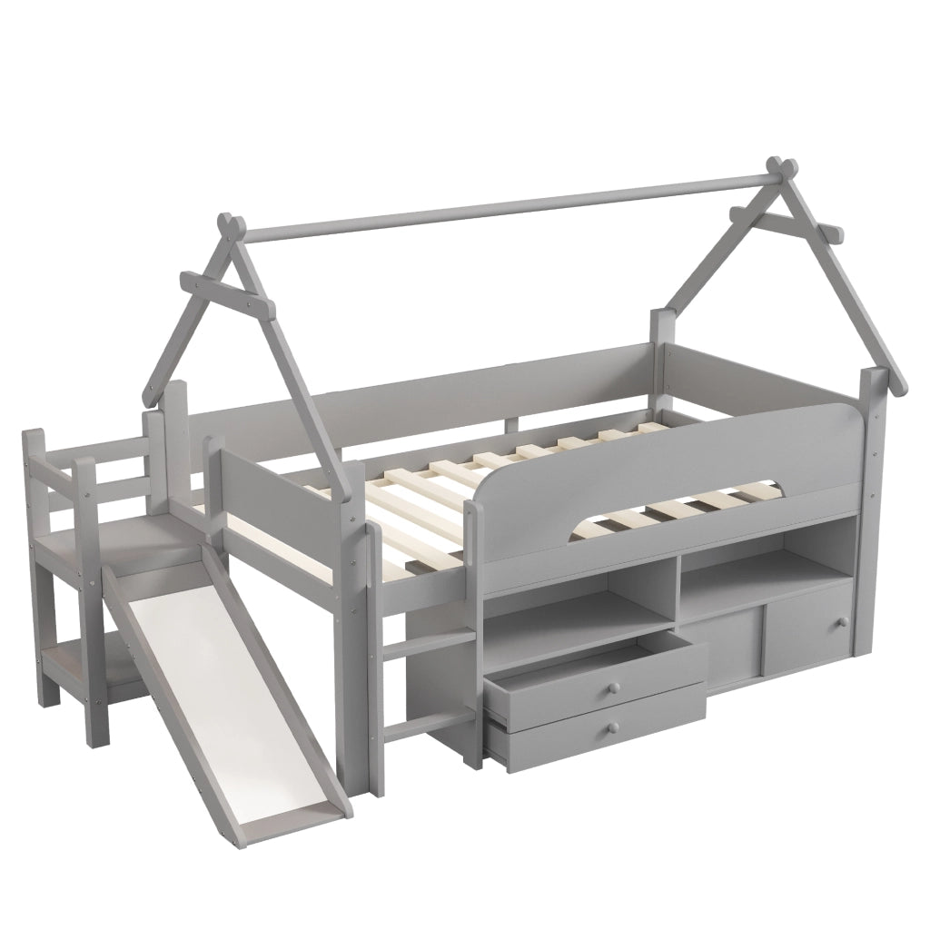 Letto a soppalco per bambini 90x200 cm con scivolo e contenitori grigio