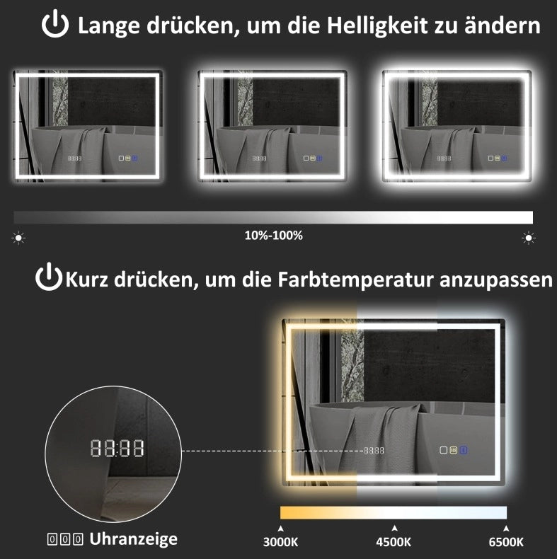 Specchio LED da bagno Bluetooth con orologio e funzione antiappannamento