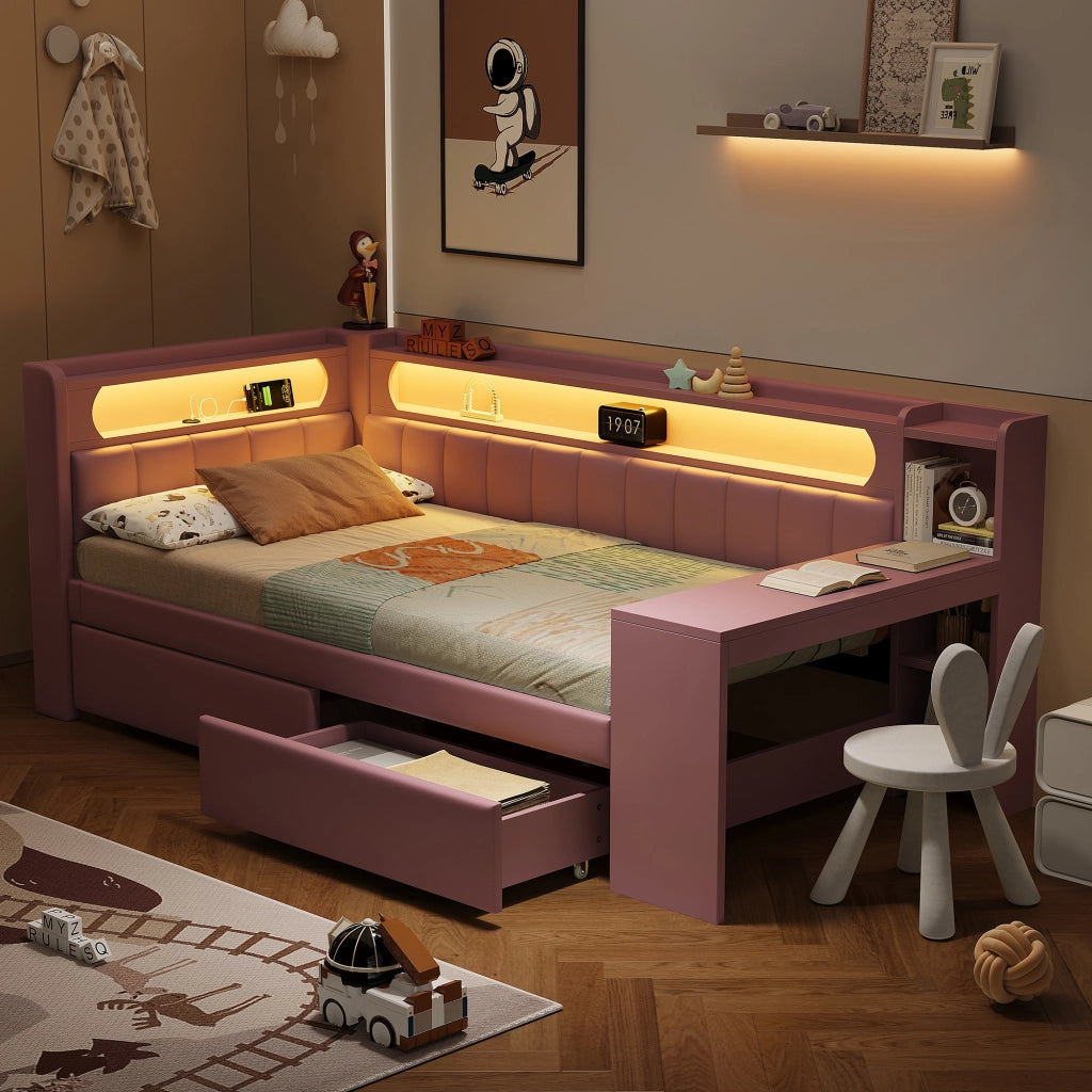 Daybed imbottito 90x200 rosa con USB; LED; scrivania e 2 cassetti
