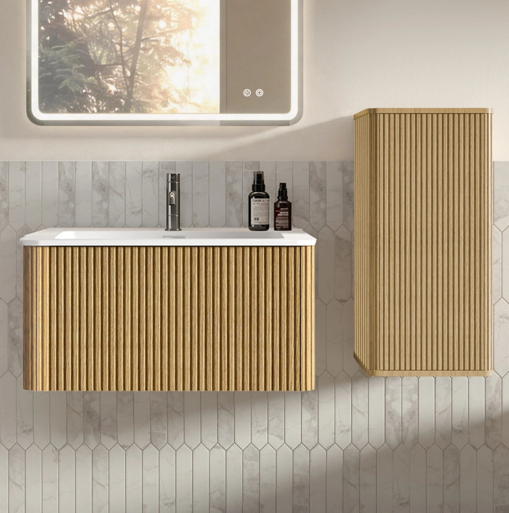 Mobile lavabo sospeso 81 x 46,5 x 37 cm rovere con colonna, senza rubinetto