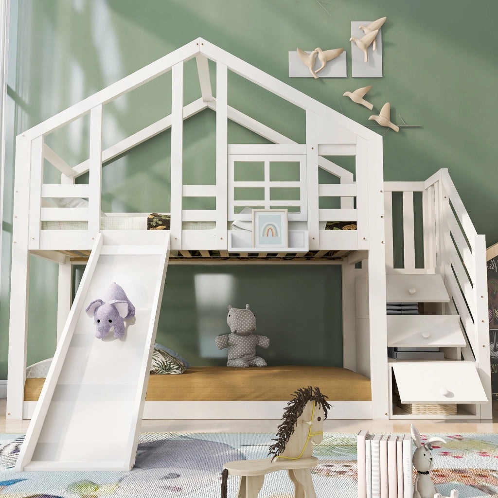 Letto a castello per bambini 90 × 200 cm con scivolo scale contenitore in legno e MDF bianco con rete a doghe