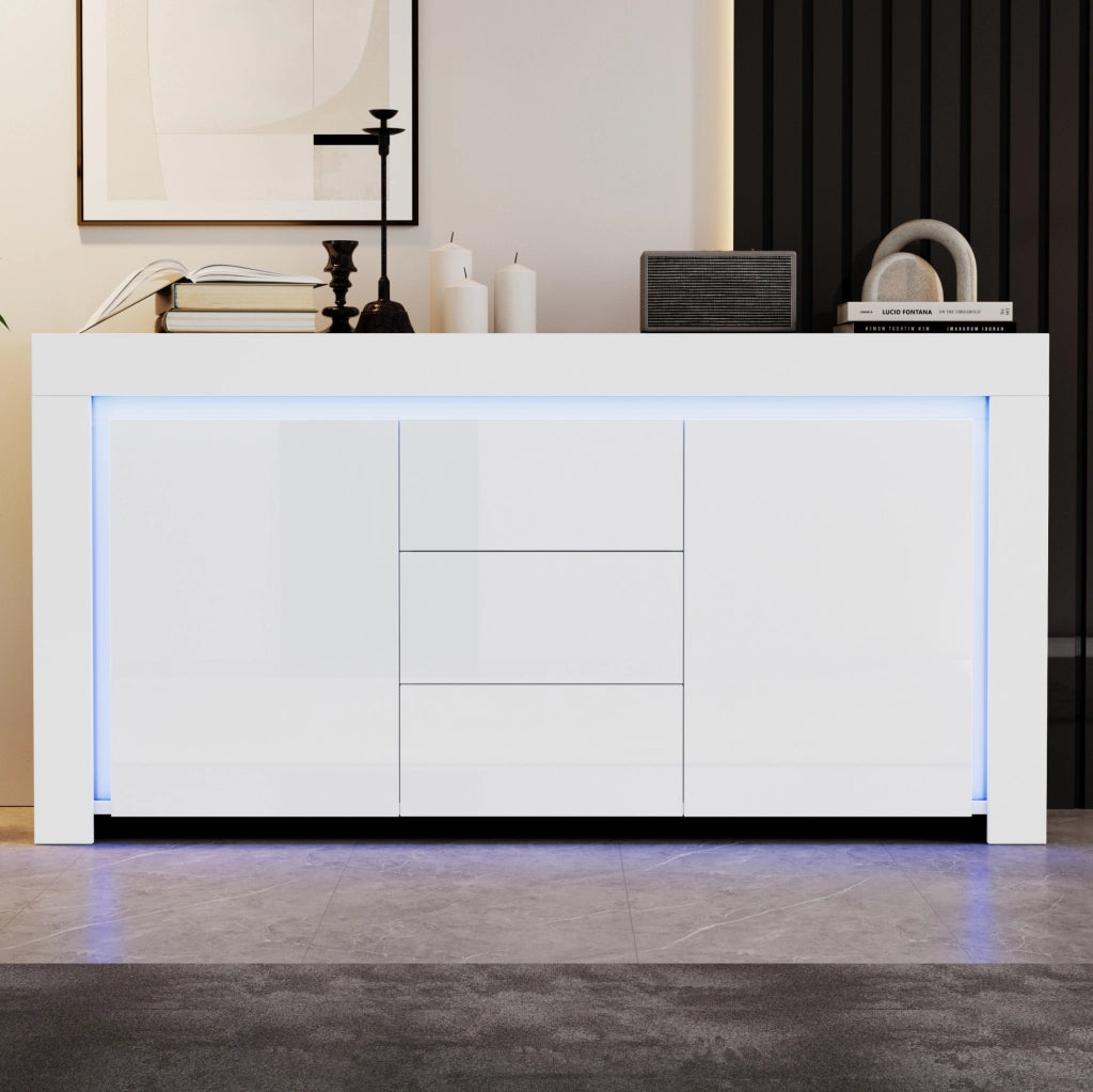 Credenza bianca lucida con 2 ante, 3 cassetti e LED