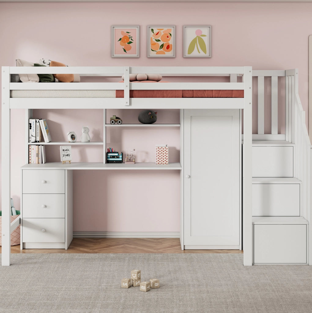 Letto a soppalco per bambini 90x200 cm bianco in MDF e legno con lavagna e contenitore， senza materasso