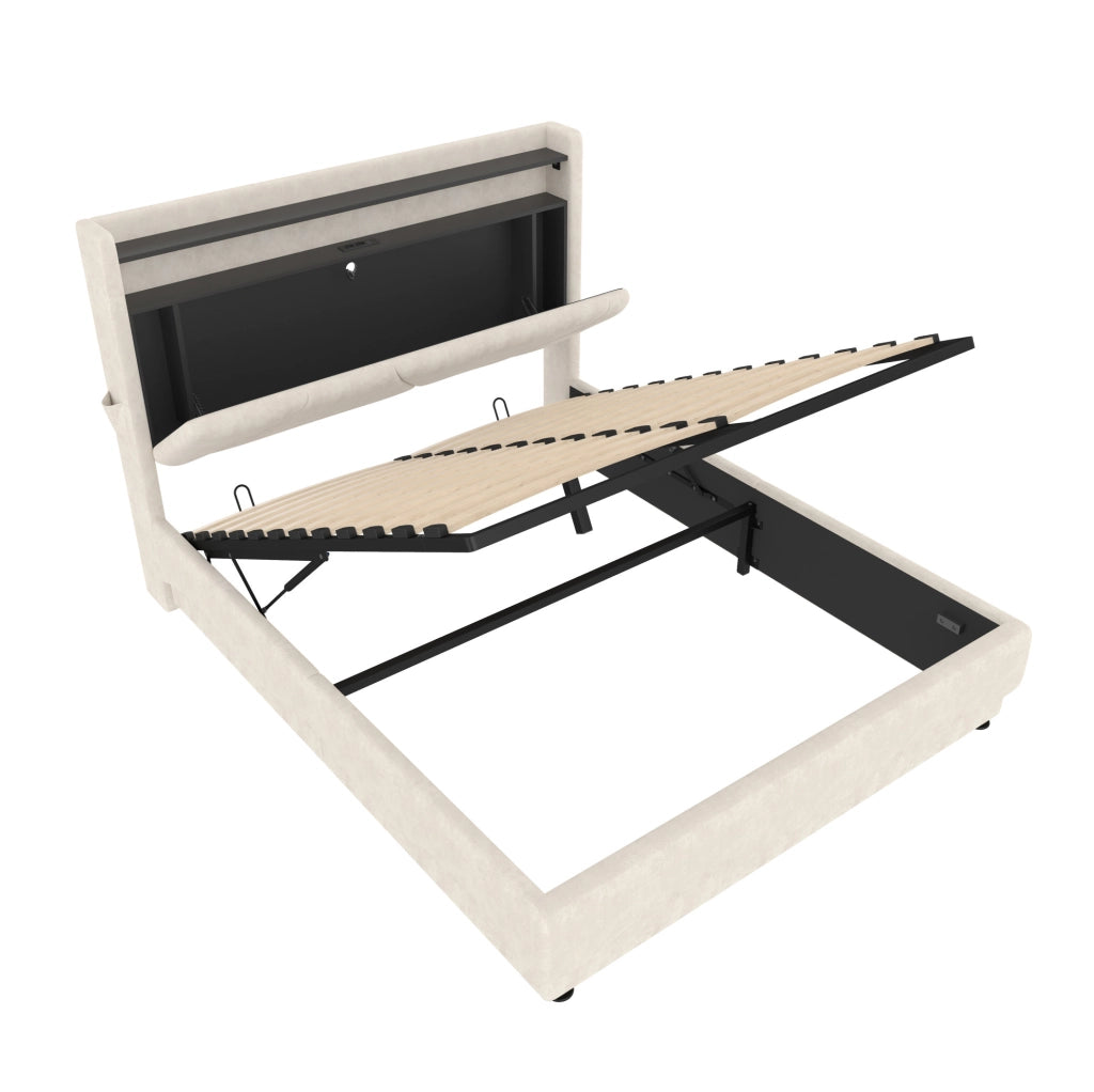 Letto imbottito 140x200 cm beige con LED, USB-C e contenitore