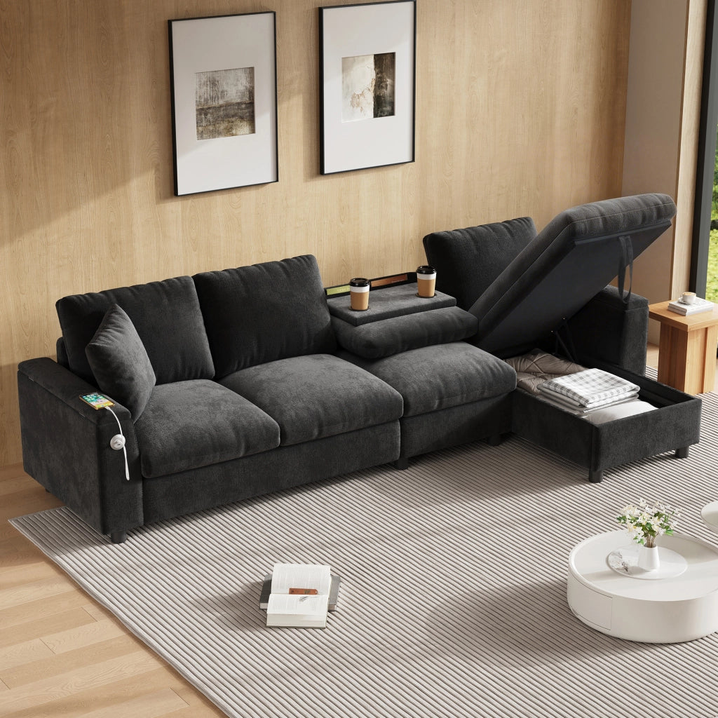 Divano angolare con funzione letto e chaise longue reversibile tavolino pieghevole porte USB e Type C contenitore braccioli chenille grigio