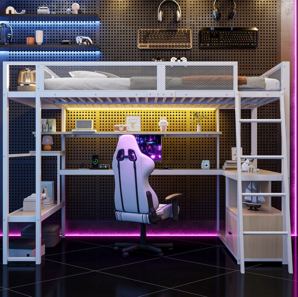 Letto a soppalco da gioco in metallo 140x200 cm con scrivania integrata, illuminazione LED e ampio spazio di archiviazione bianco