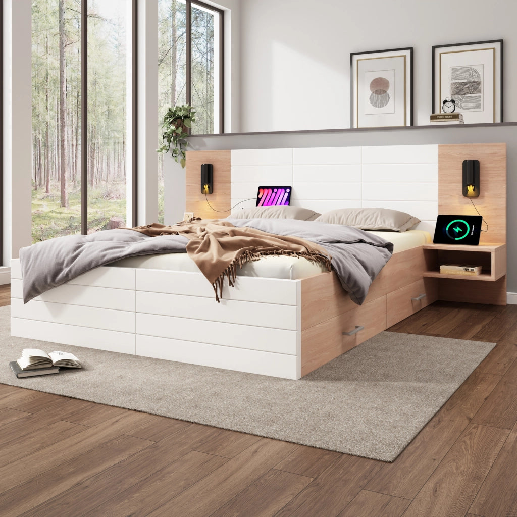Letto matrimoniale 140x200 cm bianco e rovere chiaro con due cassetti