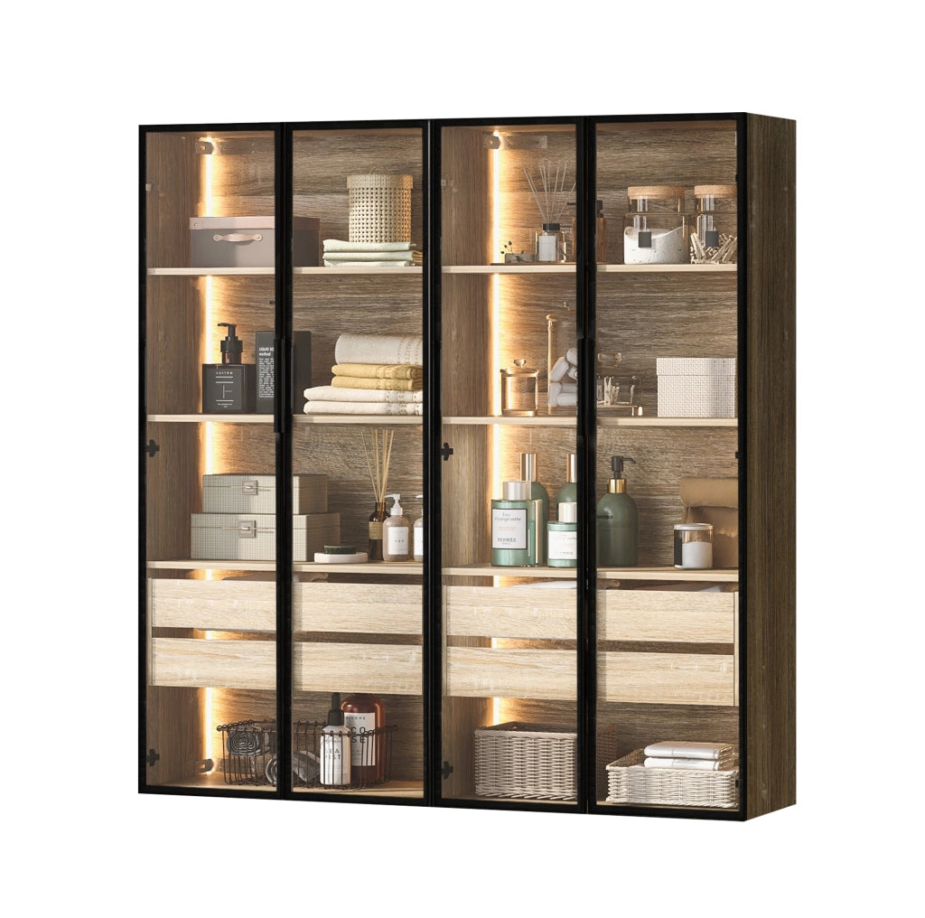 Set di 2 Armadietti da Bagno con LED, 73 cm, 2 Cassetti e 2 Porte in Vetro Satinato Marrone Chiaro