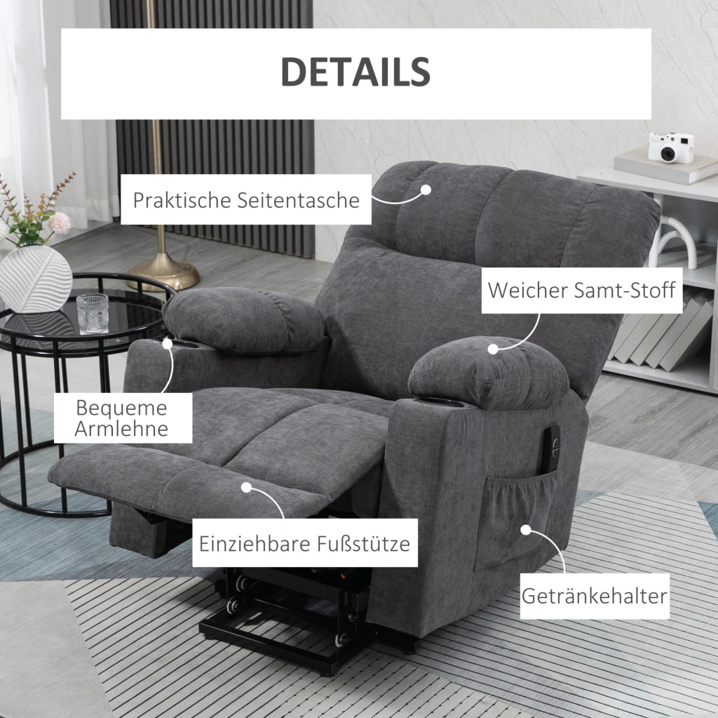 Poltrona Relax Elettrica con Funzione Massaggio e Riscaldamento, Rivestimento in Flanella Grigio Scuro con Sollevamento e Reclining