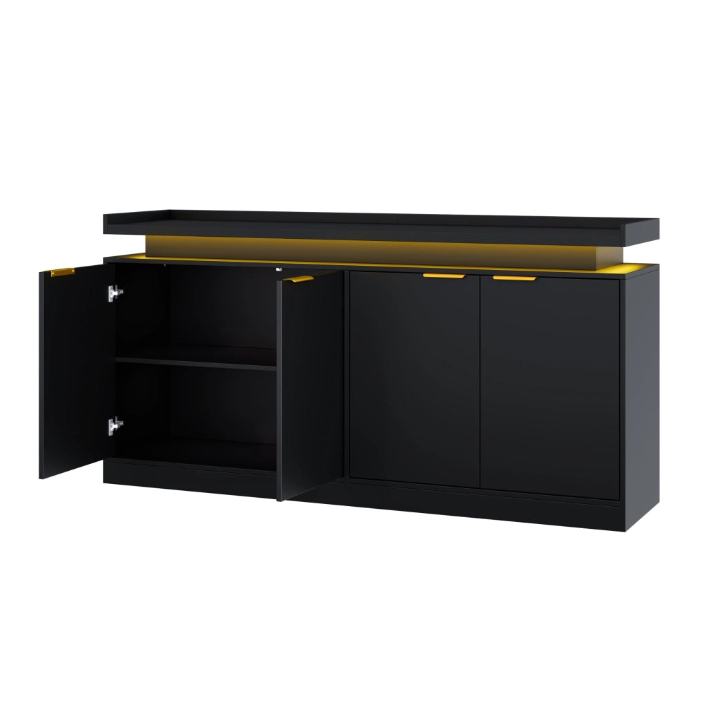 Credenza ULEVR 160x39x83 cm con 4 ante, ripiani aperti e LED RGB controllabile tramite app, nera