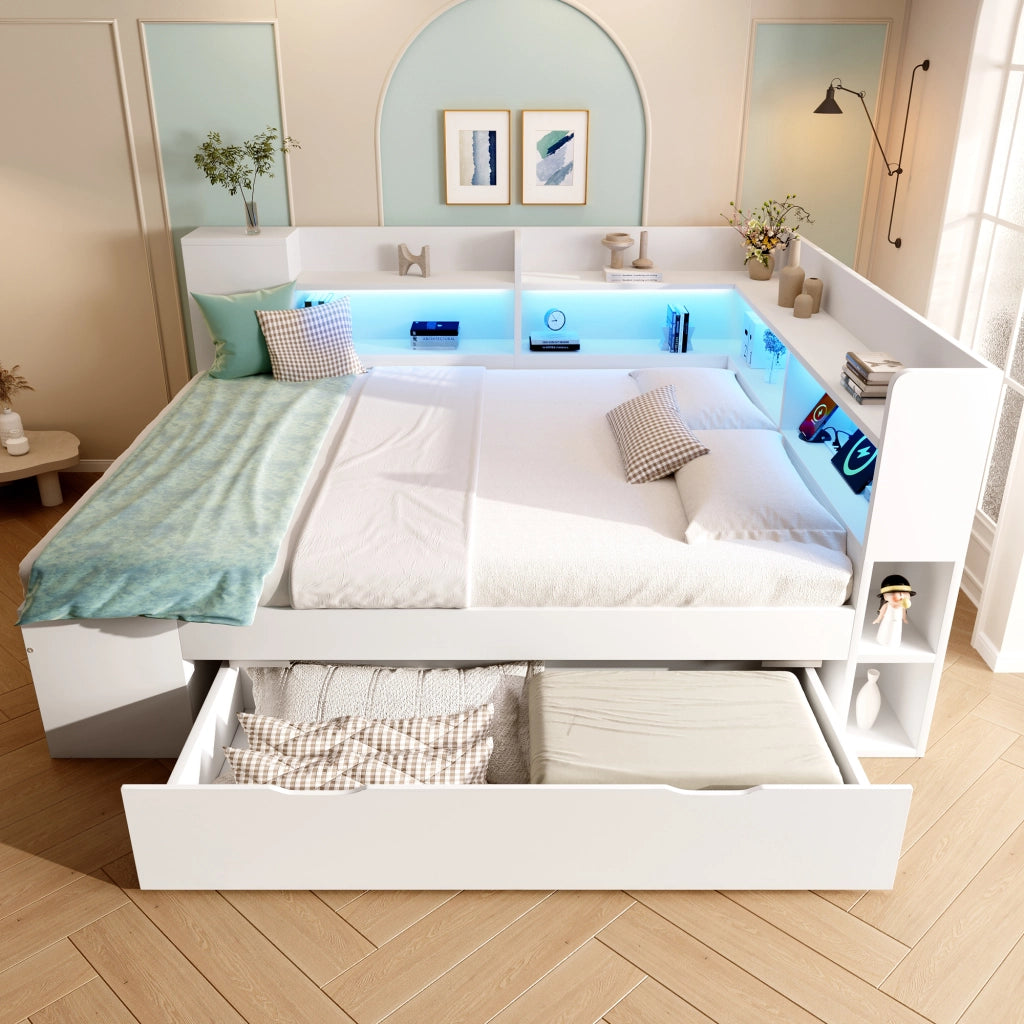 Letto Matrimoniale 140x200 cm Bianco in Legno con Cassetti; Mensole; Prese USB e Illuminazione LED