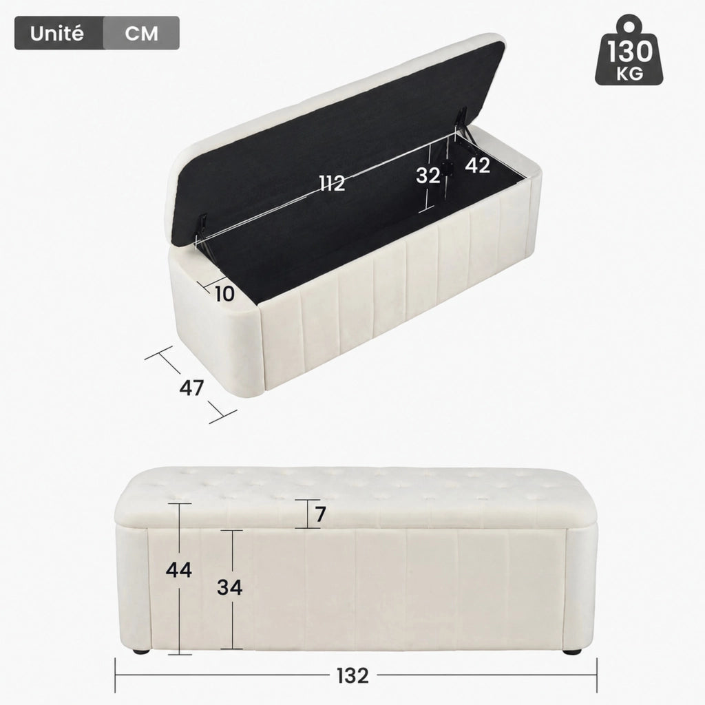 Panca contenitore ULEVR in velluto beige con seduta imbottita rimovibile e trapuntatura a bottoni