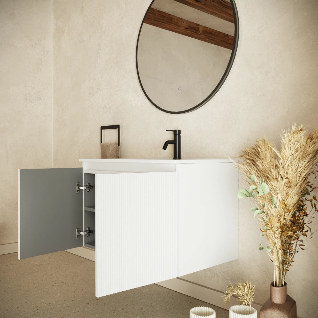 Mobile bagno sospeso 80cm due ante bianco opaco cannettato con lavabo bianco lucido | Pelion