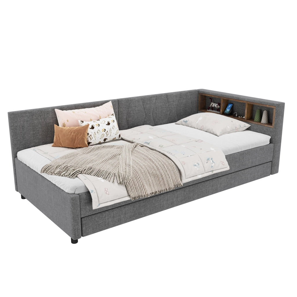 Letto con letto estraibile 90 × 200 cm con vani portaoggetti USB Type-C LED in lino e MDF grigio