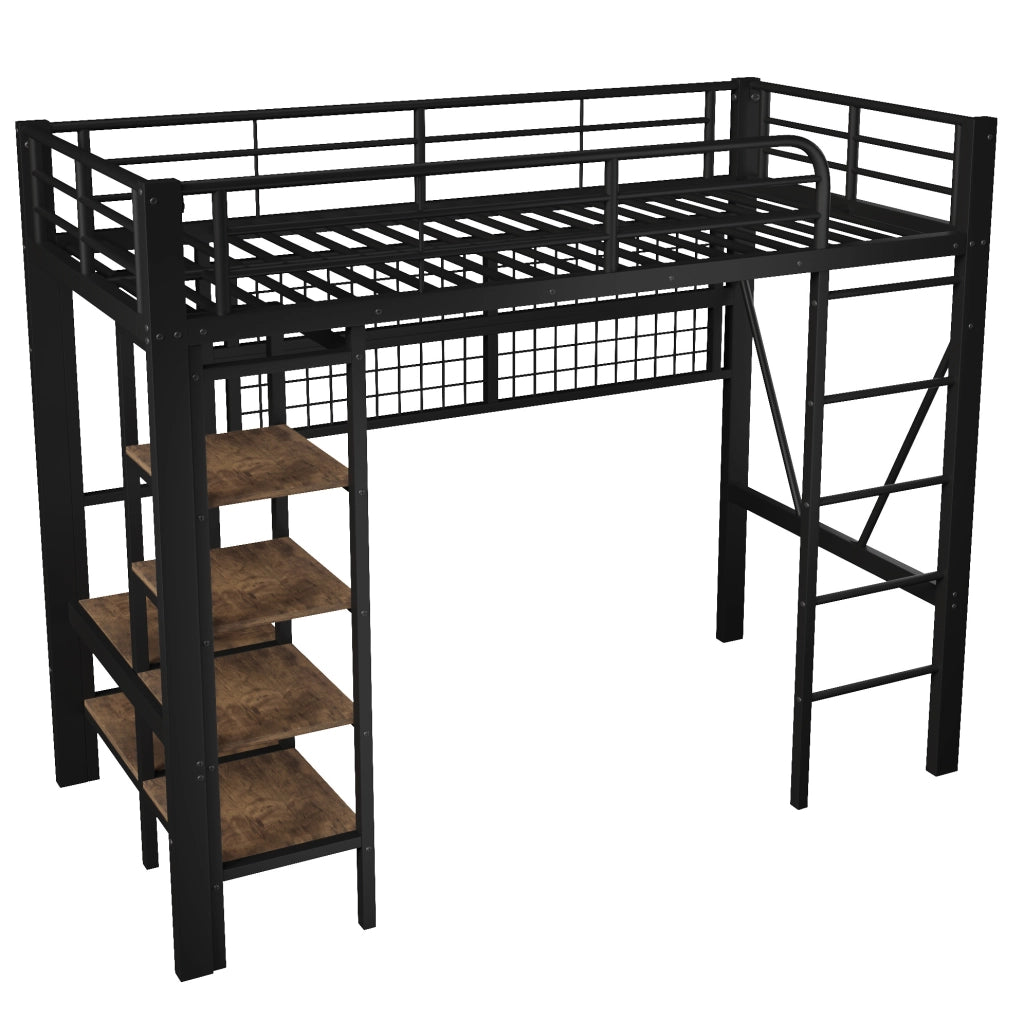 Letto a soppalco 90 x 200 cm con struttura in ferro, rete appendiabiti, LED regolabile, ripiano portaoggetti, senza materasso, nero