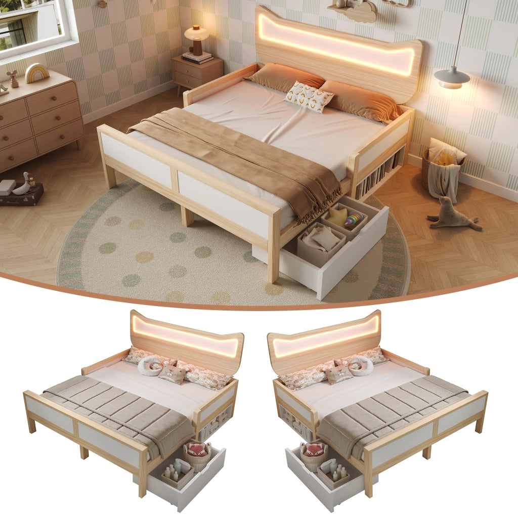 Letto 140x200 con LED RGB e Testiera a Forma di Gatto; Struttura in Legno Bianco e Rovere con Cassetti Reversibili