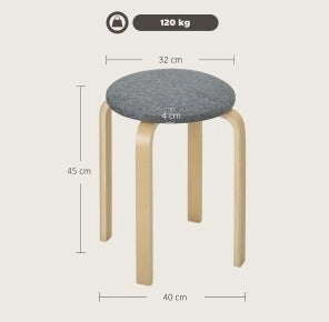 Set di 4 sgabelli impilabili rotondi da cucina in tessuto effetto lino grigio, 40x40x45 cm