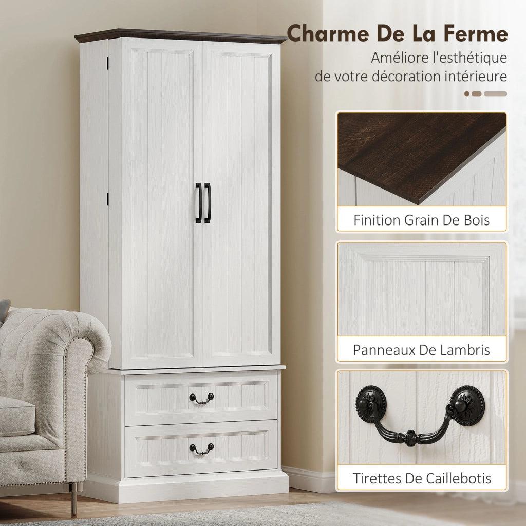 Mobile dispensa da cucina con luce LED a sensore, armadio alto 2 ante e cassetti, ripiani regolabili, 76x39,5x183cm, bianco