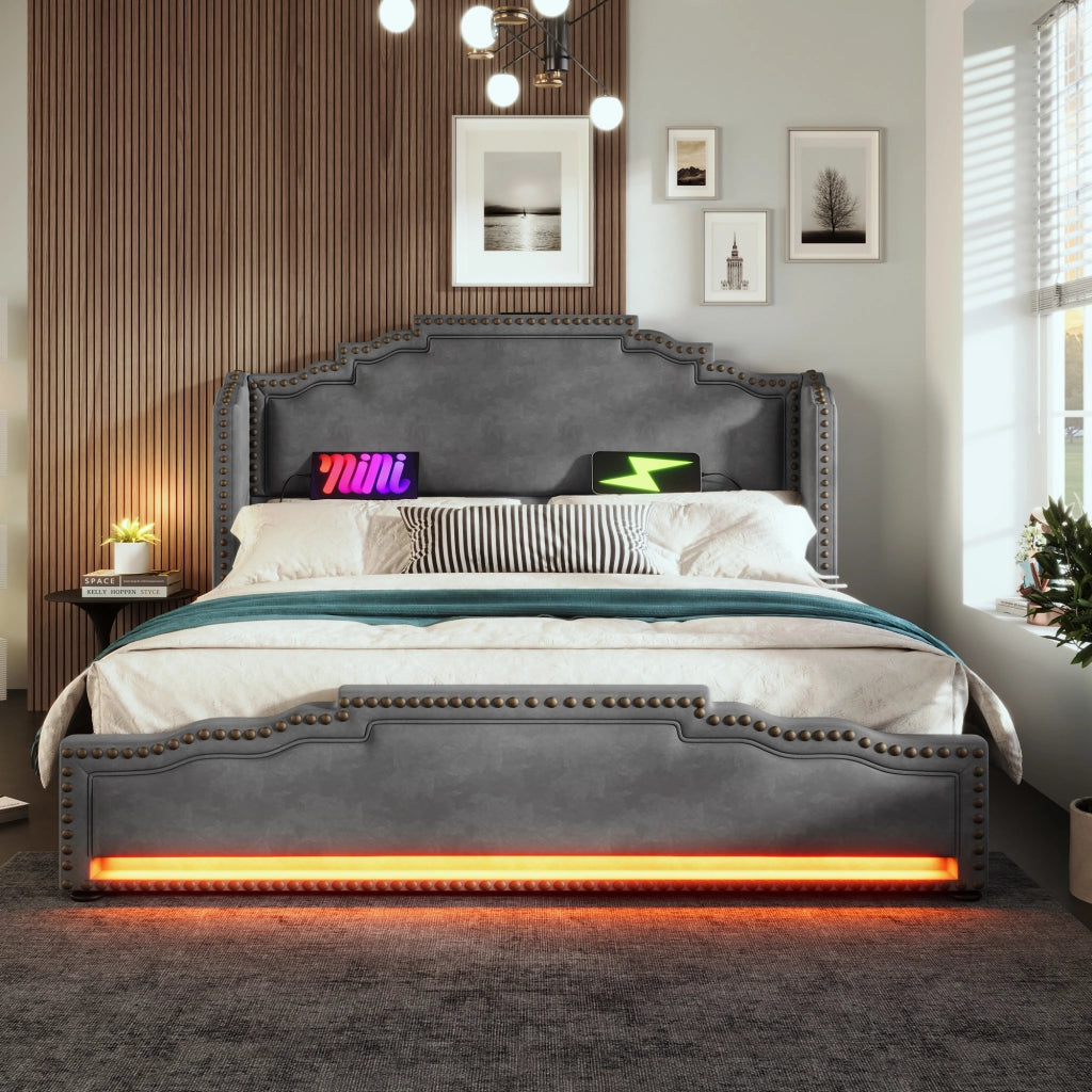 Letto contenitore matrimoniale 180 × 200 cm con 4 cassetti, LED, USB e USB-C, senza materasso, velluto grigio