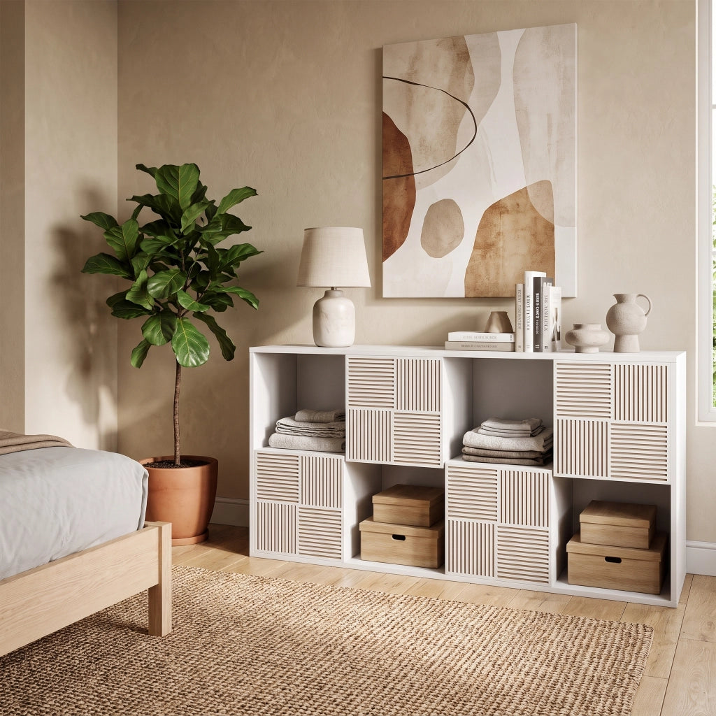Mobile soggiorno 125x30x60 cm con 4 vani e 4 ante libreria scaffale contenitore multiuso effetto rattan in legno - bianco