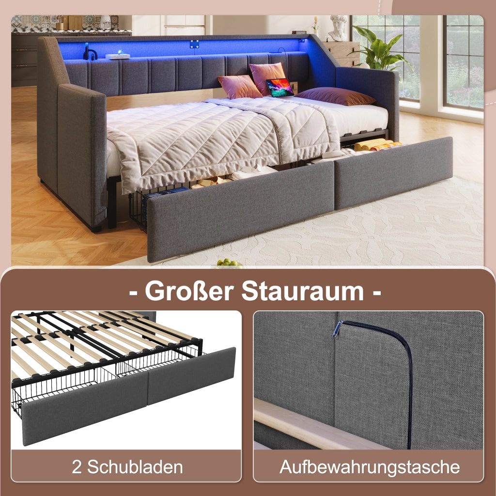 Letto estraibile singolo 90×200 cm e 180×200 cm con USB; Type-C; LED; 2 cassetti; senza materasso; grigio