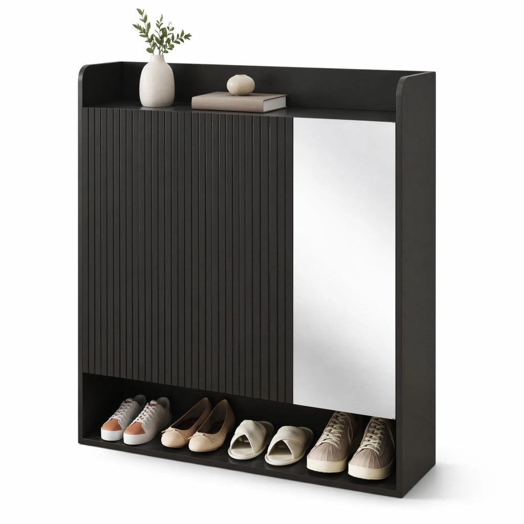 Scarpiera con specchio a figura intera; 110 ¡Á 35;5 ¡Á 110 cm; MDF e truciolare; nera