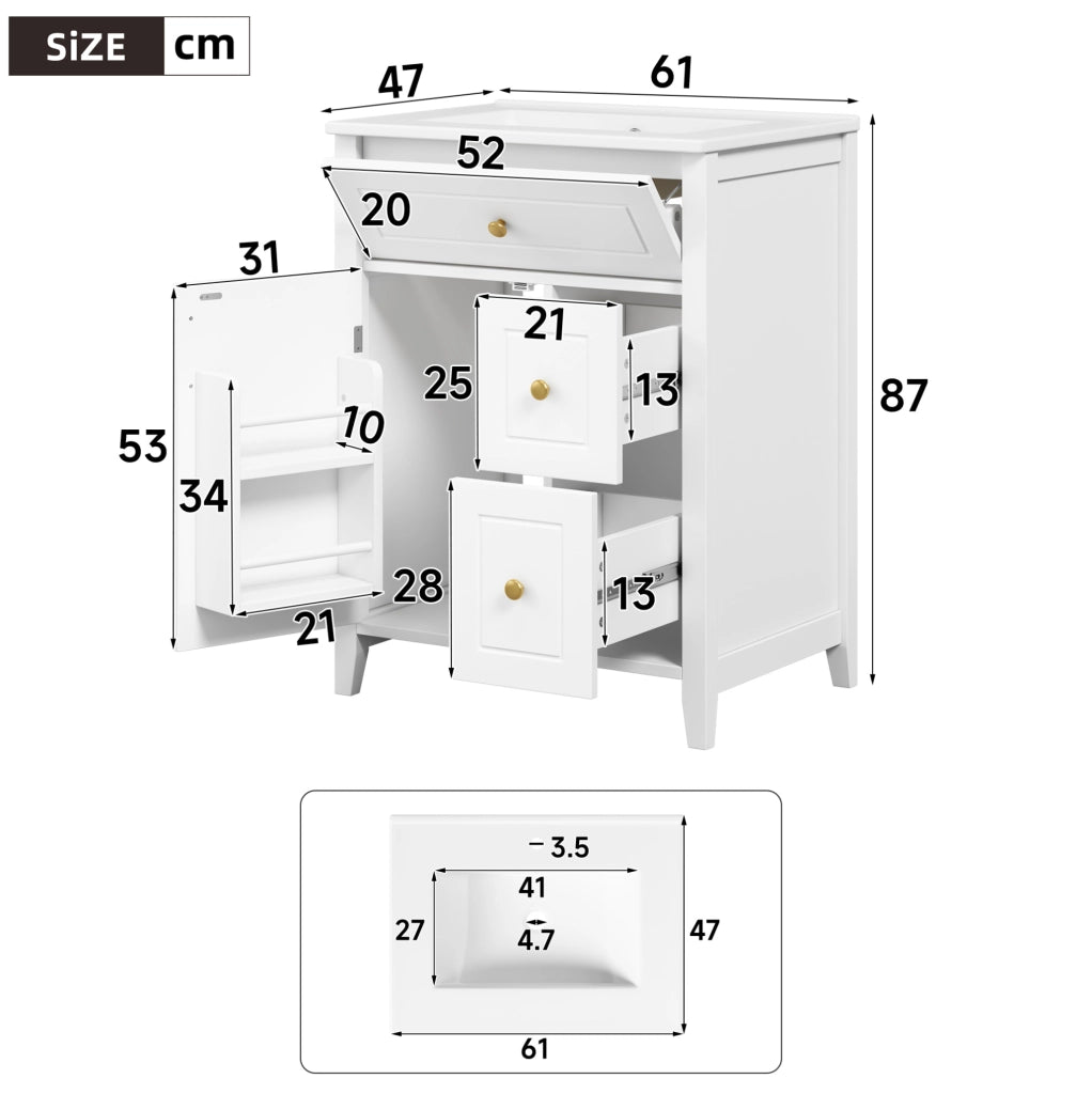 Mobile bagno freestanding 61 cm con lavabo in ceramica; cassetti a ribalta; bianco lucido
