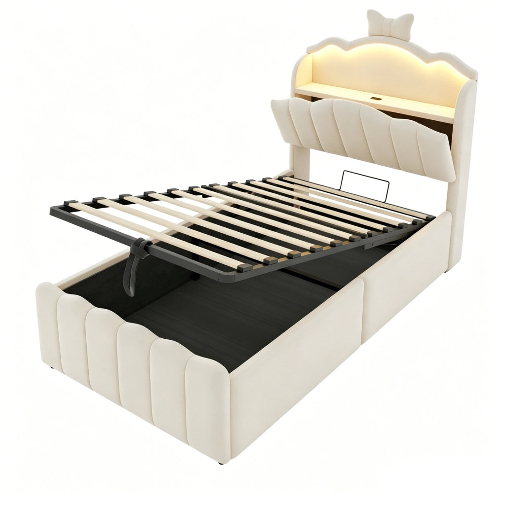 Letto per bambini imbottito 90x200 cm con contenitore idraulico, LED, USB e USB-C, beige