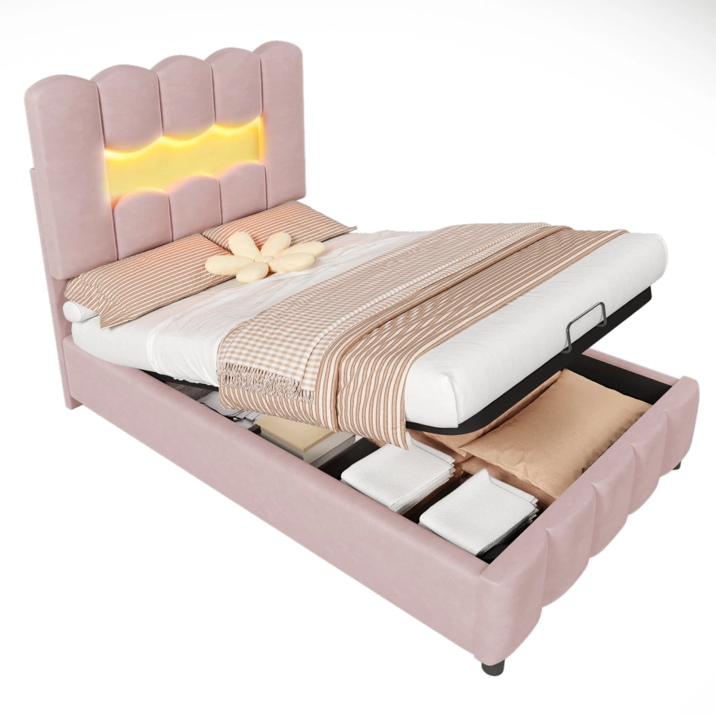 Letto Singolo Imbottito 90x200 cm in Velluto con Contenitore Idraulico; LED; Testiera; Rosa
