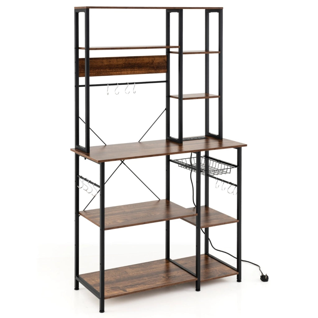 Scaffale da cucina stand per microonde a 6 ripiani con ripiani aperti, Scaffale da cucina con stazione di ricarica Marrone-Organizzazione della cucina