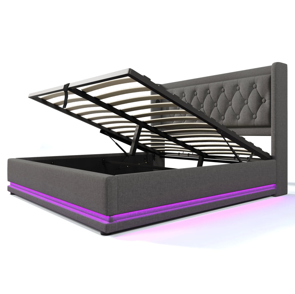 Letto matrimoniale imbottito 180x200 cm grigio in cotone con testiera imbottita, funzione di ricarica USB Tipo-C e contenitore idraulico, illuminazione LED su 3 lati (senza materasso)