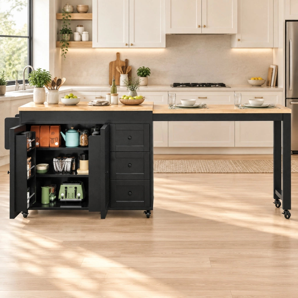 Mobile base da cucina con piano allungabile; 3 cassetti; armadio e ruote in MDF nero 116–179.5 × 45 × 89 cm