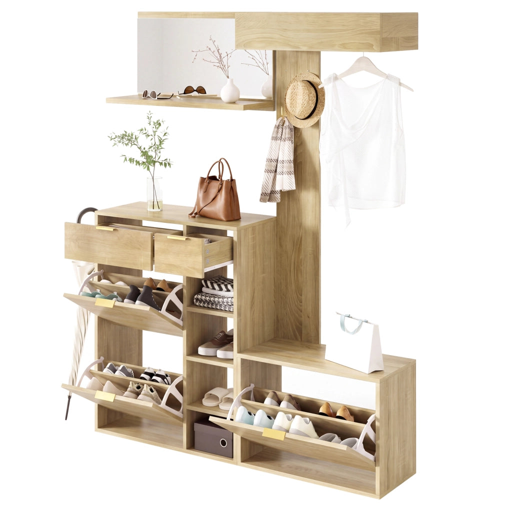 Set guardaroba 4 pezzi con scarpiera, panca, specchio e appendiabiti 130x30x174 cm, mobili per ingresso in truciolato naturale