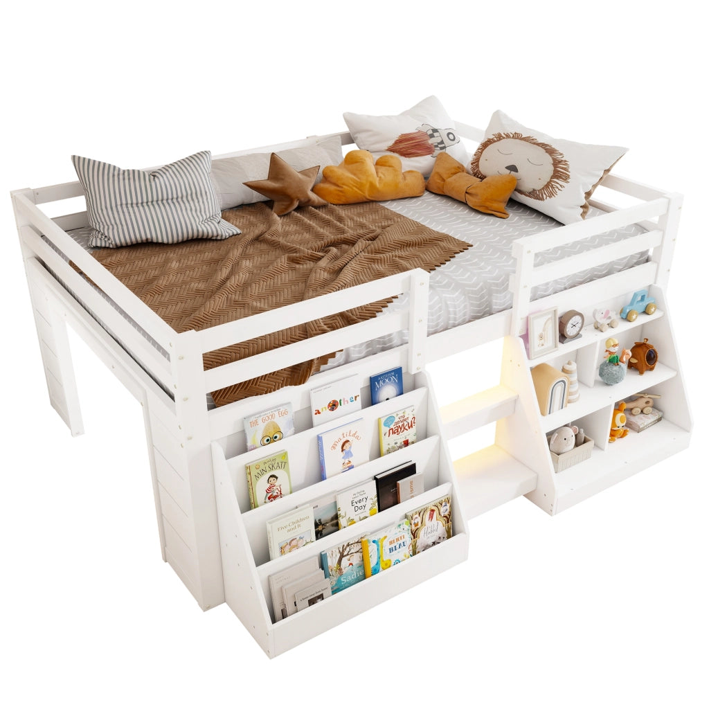 Letto a Soppalco 140x200 cm in legno di pino con LED; Ripiani; Sponde di Sicurezza Bianco
