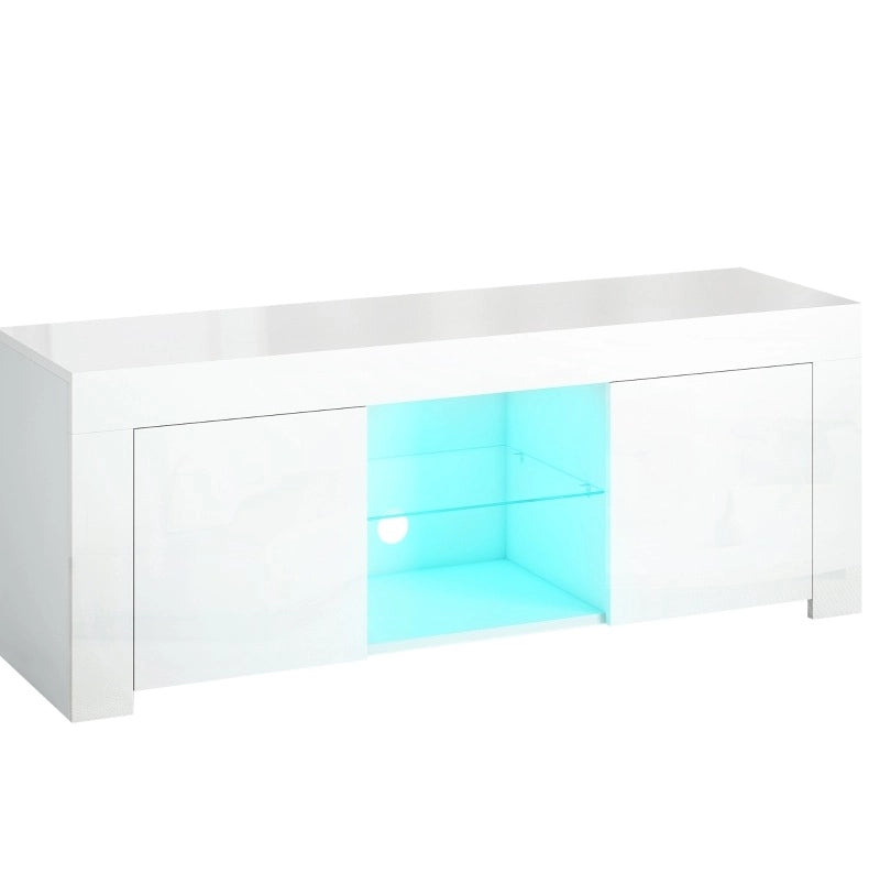 Mobile TV con LED RGB, ripiani in vetro, bianco lucido